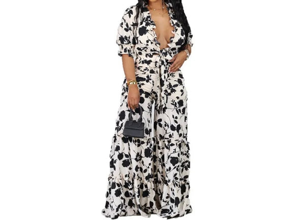Women Floral Fashion Two Piece Wide Leg Pant Set