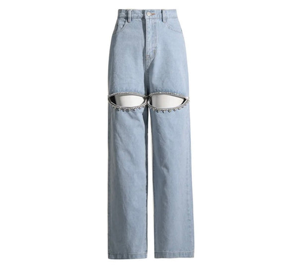 Women Fashion Cut Out Rhinestone Patchwork Denim Pants