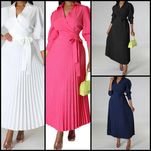 Women Sexy Solid Color Tie Up Pleated Maxi Dress