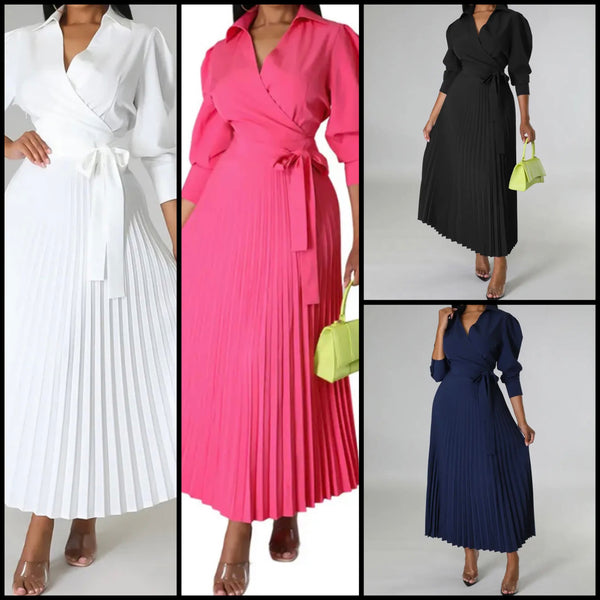 Women Sexy Solid Color Tie Up Pleated Maxi Dress