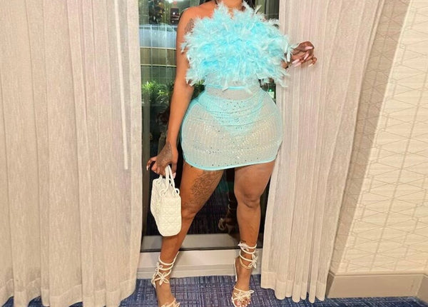 Women Sexy Feather Strapless Bling Mesh Patchwork Dress