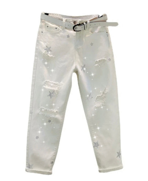 Women White Fashion Star Print Ripped Denim Pants