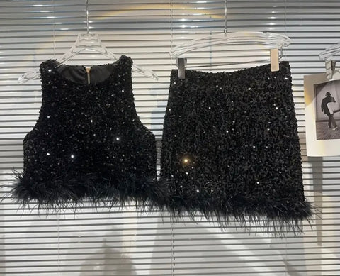 Women Black Sexy Sequins Sleeveless Feather Two Piece Skirt Set