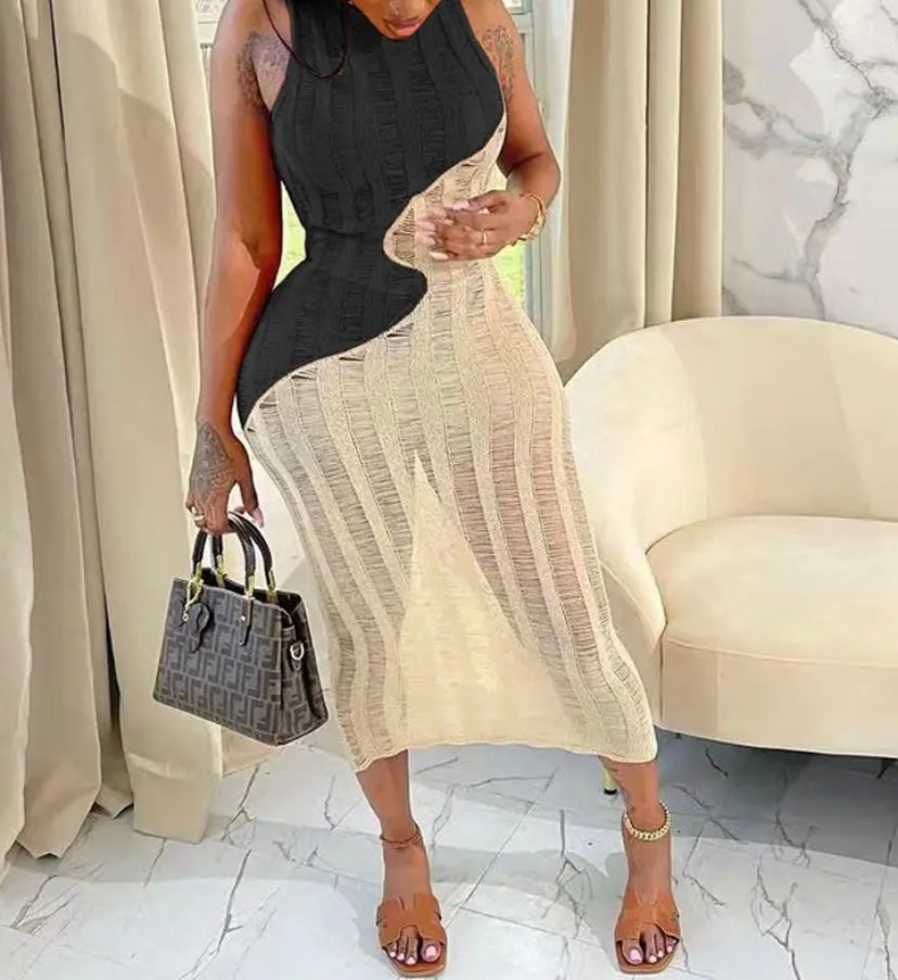 Women Sexy Sleeveless Ripped Color Patchwork Maxi Dress