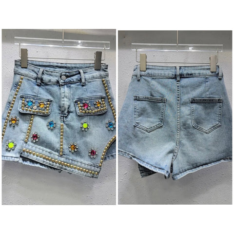 Women Fashion Gem Rivet Denim Wrap Shorts