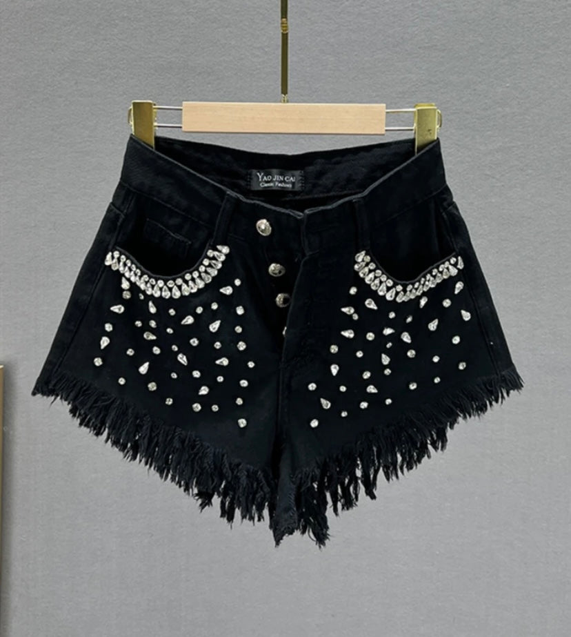 Women Fashion Fringe Rhinestone Patchwork Denim Shorts