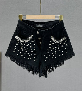 Women Fashion Fringe Rhinestone Patchwork Denim Shorts