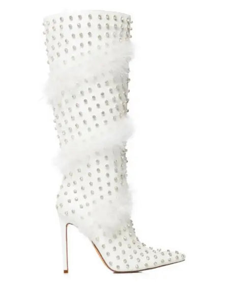 Women Bling Faux Fur Pointed Toe Knee High Boots