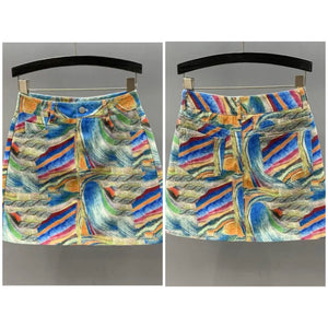 Women Colorful Print Fashion Denim Skirt