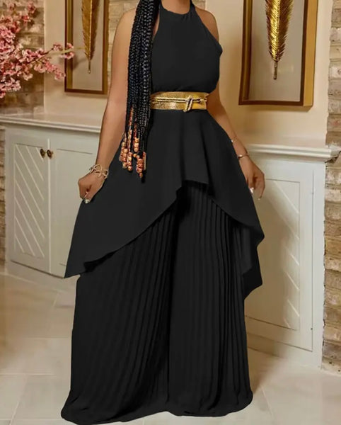 Women Sleeveless Fashion Two Piece Pleated Pant Set