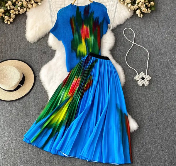 Women Printed Short Sleeve Two Piece Pleated Maxi Skirt Set