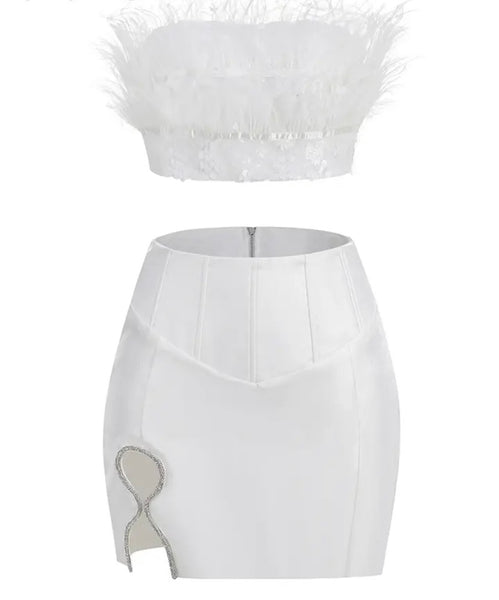 Women White Feather Sequins Crop Sexy Two Piece Rhinestone PU Skirt Set