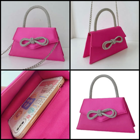 Women Fashion Pink Bling Bow Chain Handbag Purse