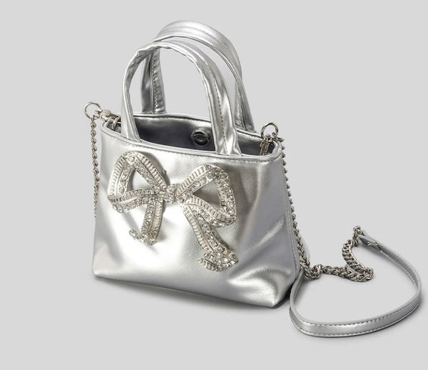 Women Fashion Faux Leather Bling Bow Handbag Purse