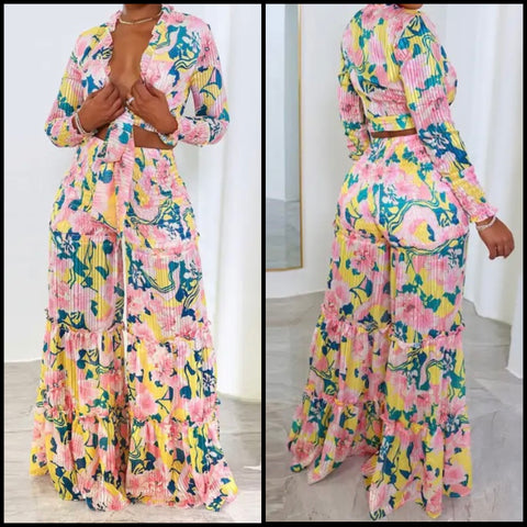 Women Floral Full Sleeve Crop Two Piece Wide Leg Pant Set
