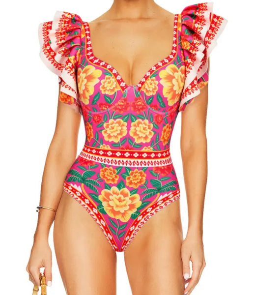 Women Ruffled Colorful Print Sexy Bikini/Swimsuit Cover Up Set
