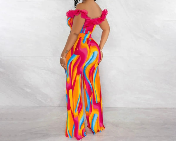 Women Sexy Ruffled Off The Shoulder Colorful Two Piece Pant Set
