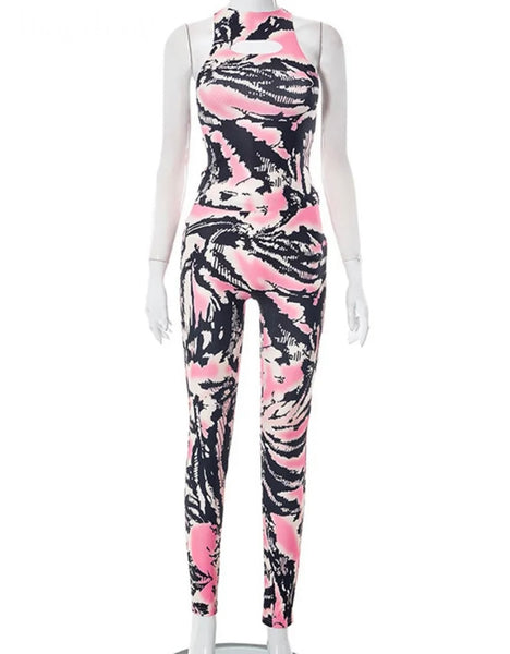 Women Sleeveless Fashion Color Print Crop Two Piece Pant Set
