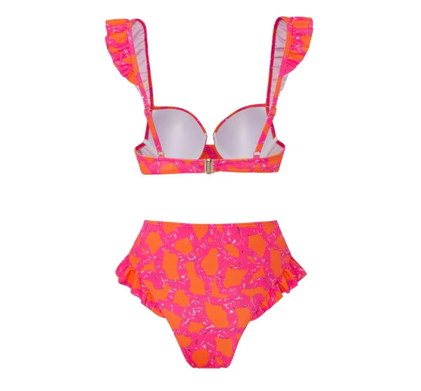 Women Fashion Pink Printed Ruffled Bikini Cover Up Set