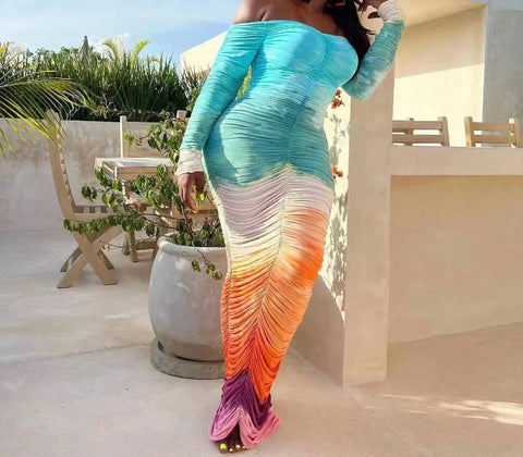 Women Sexy Off The Shoulder Multicolored Full Sleeve Ruched Maxi Dress