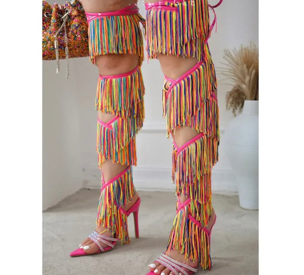 Women Rhinestone Open Toe Tassel Lace Up Sandals