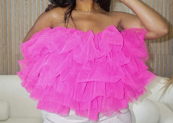 Women Sexy Strapless Pink Ruffled Crop Top