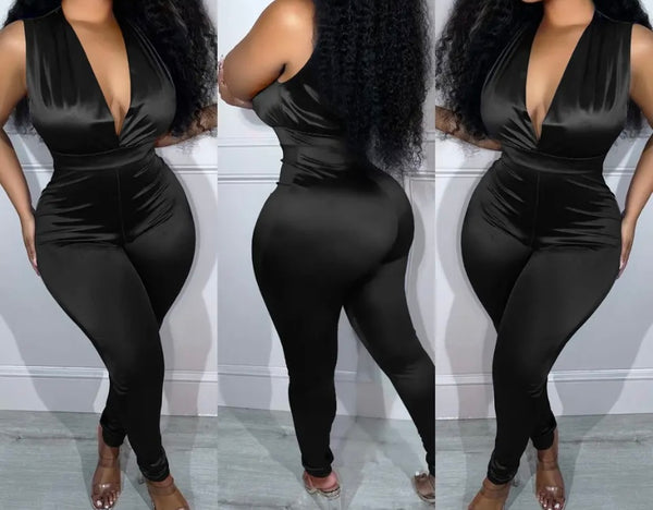 Women Sexy Sleeveless Satin Solid Color Jumpsuit