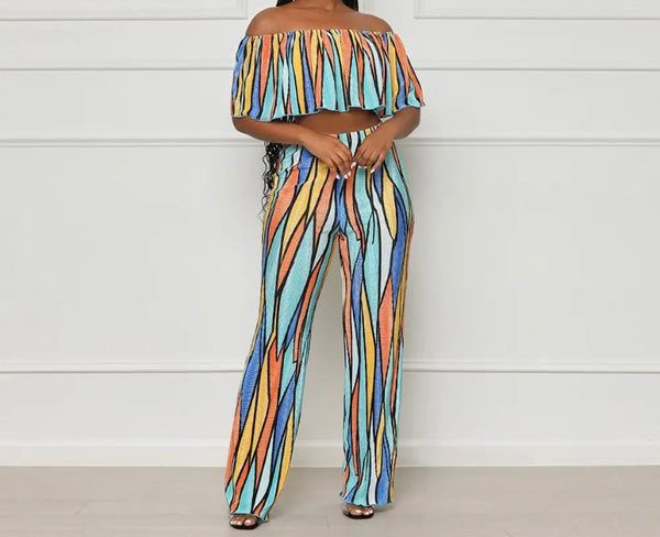 Women Colorful Ruffled Off The Shoulder Two Piece Pant Set