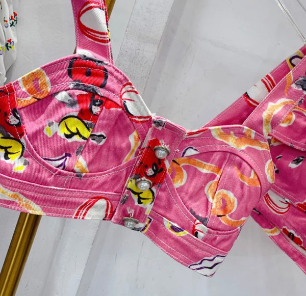 Women Pink Printed Sexy Fashion Sleeveless Crop Two Piece Short Set