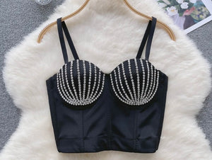 Women Solid Color Sleeveless Rhinestone Patchwork Crop Top