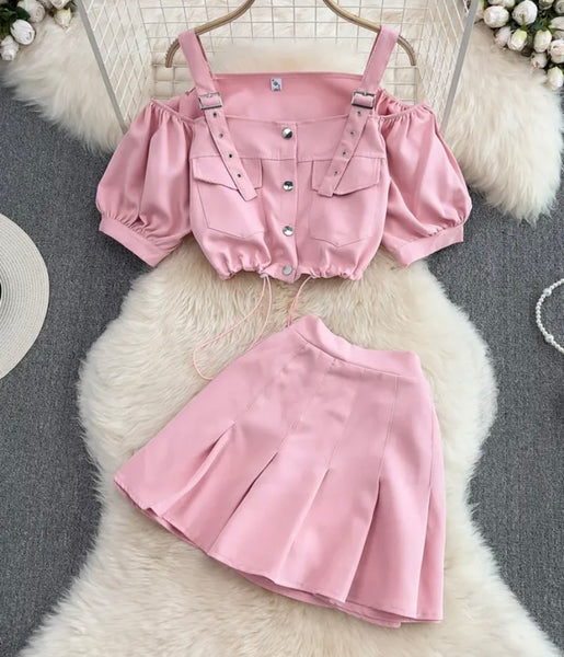 Women Fashion Solid Color Button Up Crop Two Piece Pleated Skirt Set