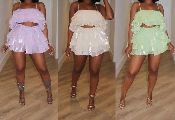 Women Sexy Ruffled Mesh Sleeveless Two Piece Skirt Set