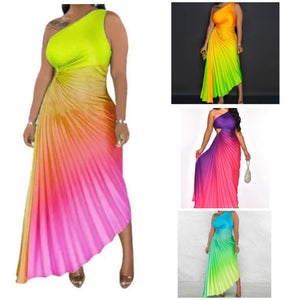 Women Sexy One Shoulder Sleeveless Colorful Gradient Maxi Dress
