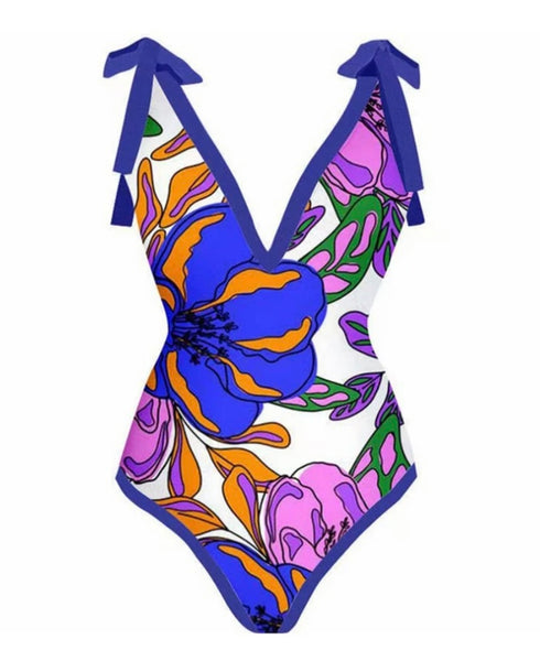 Women Multicolored Print Sexy Tie Up Swimsuit Cover Up Set