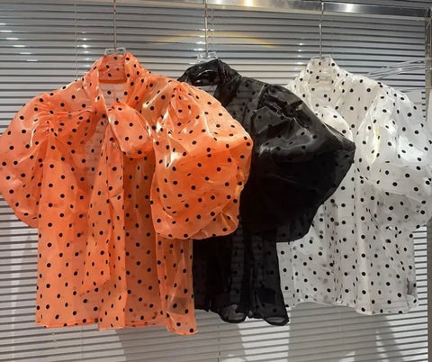 Women Short Sleeve Polka Dot Mesh Fashion Top