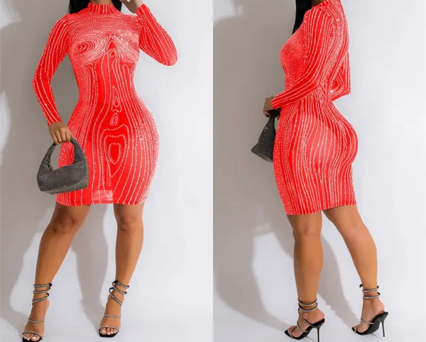 Women Sexy Full Sleeve Rhinestone Bling Mesh Dress