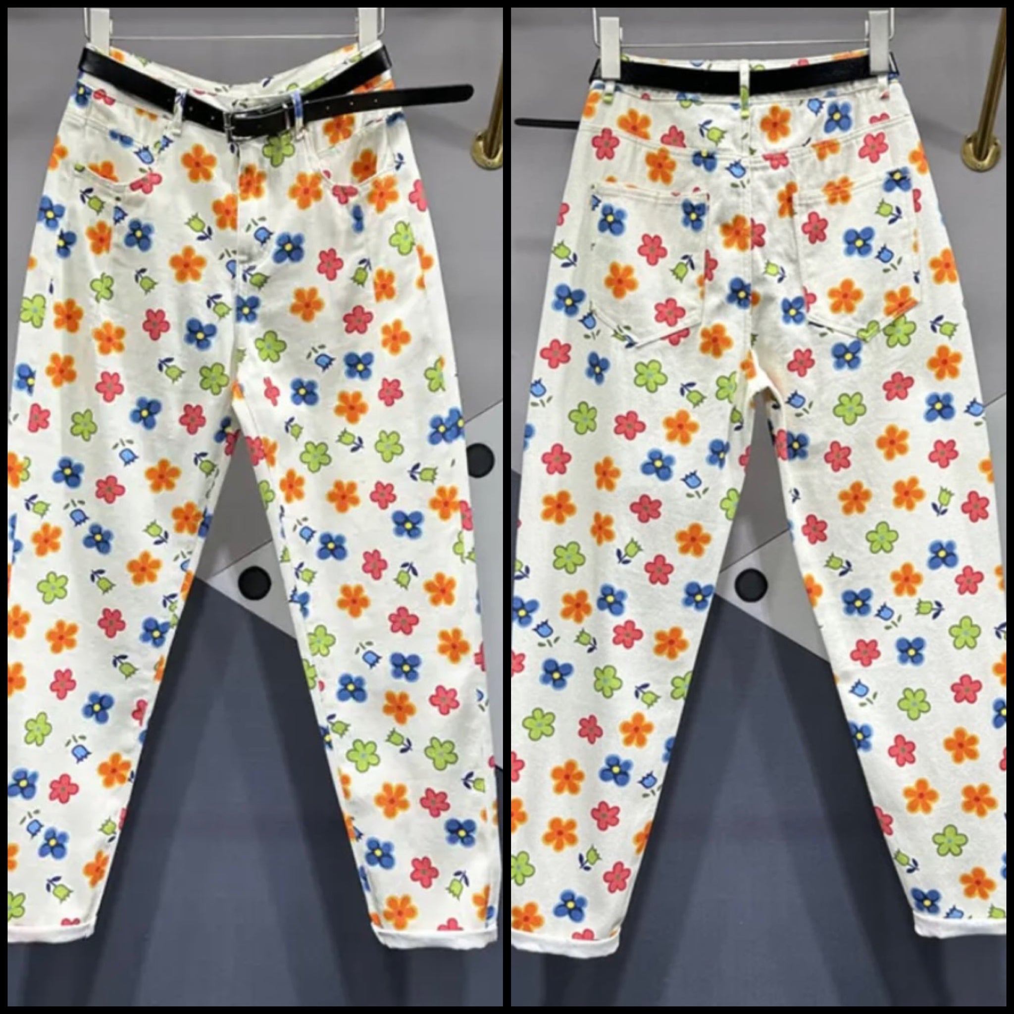 Women White Colorful Floral Fashion Denim Pants