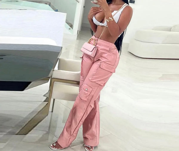 Women Fashion Pocket PU Pants