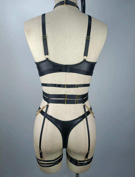 Women PU Chain Sexy Thong Lingerie Set