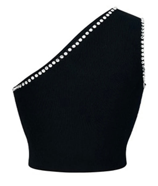 Women One Shoulder Rhinestone Patchwork Crop Top