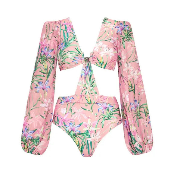 Women Sexy Pink Floral Swimsuit Ruffled Skirt Cover Up Set