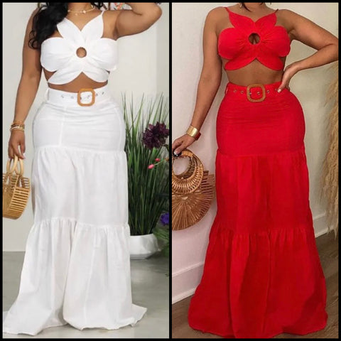 Women Sexy Flower Open Back Halter Two Piece Maxi Skirt Set