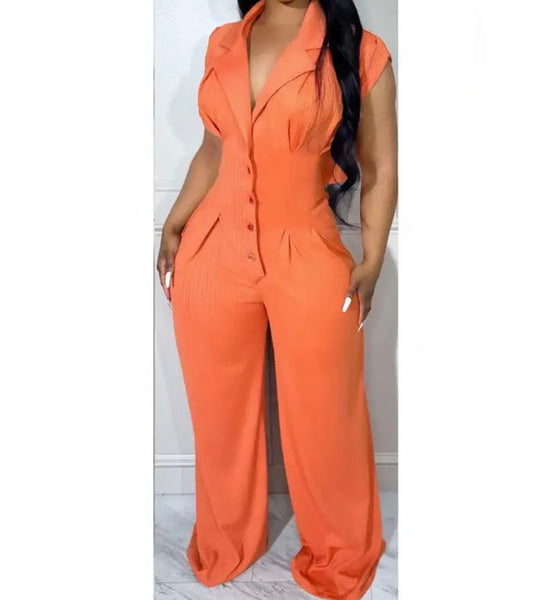 Women Button Up Pocket Sleeveless Fashion Jumpsuit