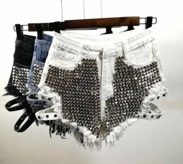 Women Rivet Fashion Ripped Denim Mini Shorts