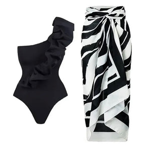 Women Sexy Ruffled One Shoulder Fashion Swimsuit Cover Up Set