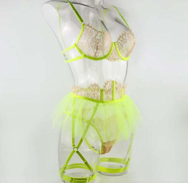 Women Sexy Neon Lace Mesh Lingerie Set