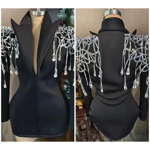 Women Fashion Bling Crystal Black Blazer Dress