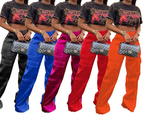 Women Fashion High Waist Pocket Satin Pants
