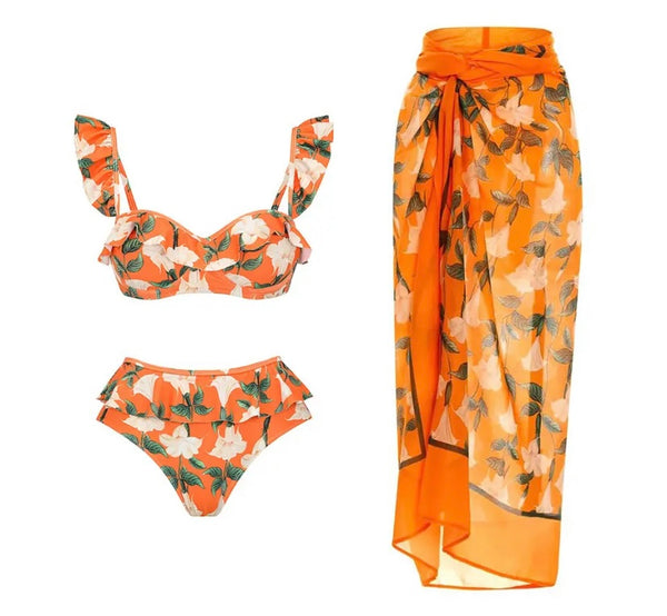 Women Sexy Orange Floral Ruffled Bikini Mesh Cover Up Set