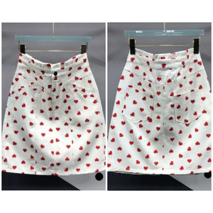 Women White Heart Print Fashion Denim Skirt